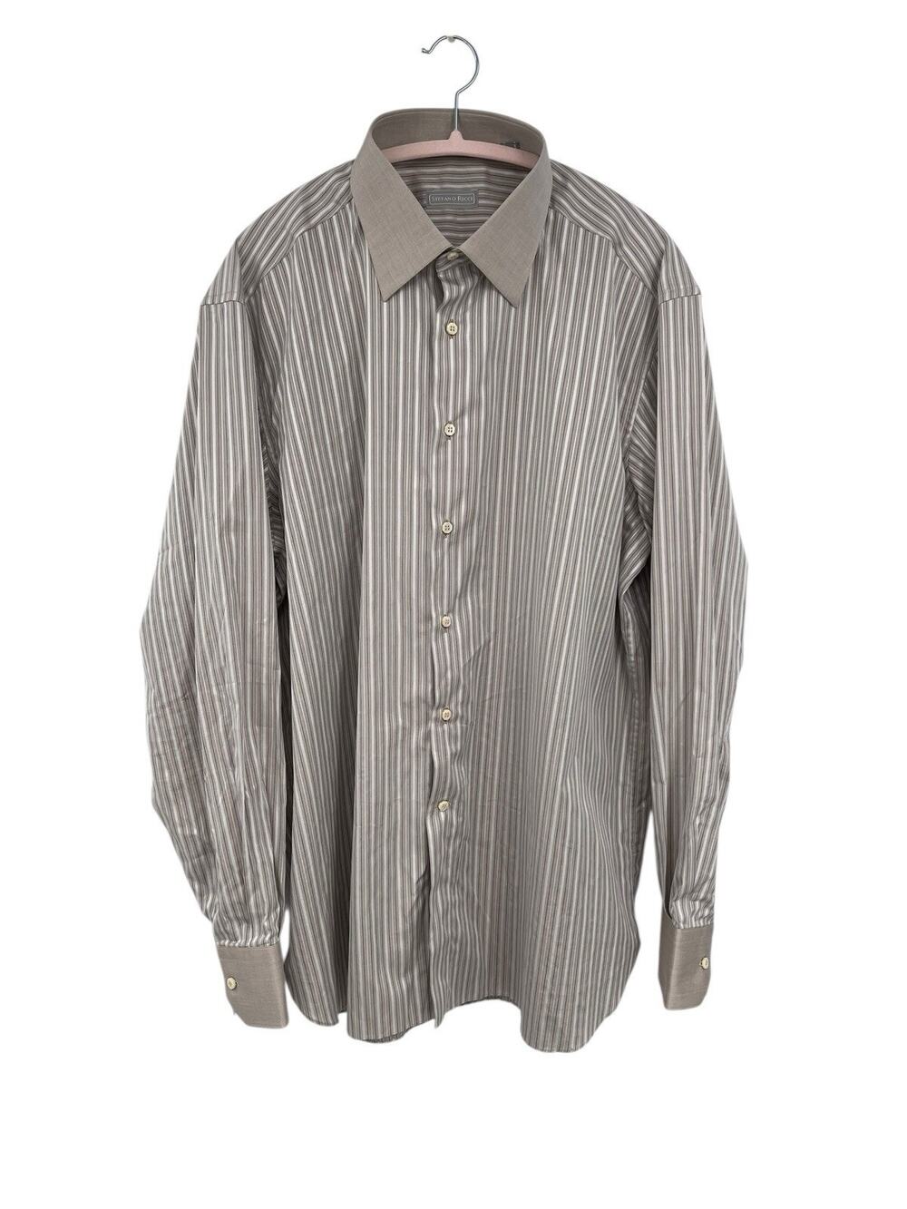 Stefano Ricci Dress Shirt Striped Cotton Taupe Made In Italy Size 44 / 17 1/2